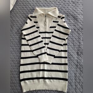 Striped Half-Zip Collar Sweater Dress - Cream and Black